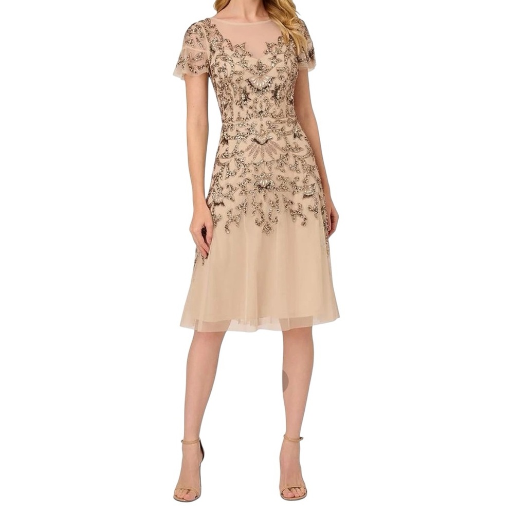 Adrianna Papell Beaded Sequin Cocktail Dress Biscotti Flutter Sleeve NWT 6